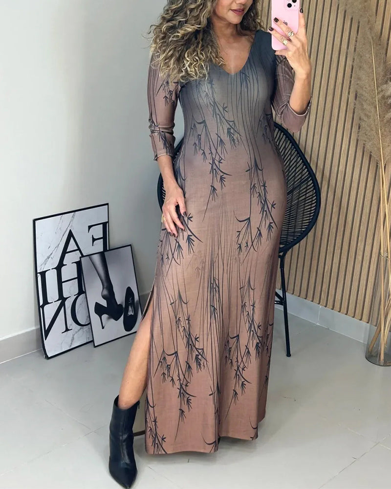 Ombre & Plants Print V-Neck Three Quarters Sleeve Side Slit Vacation Dress