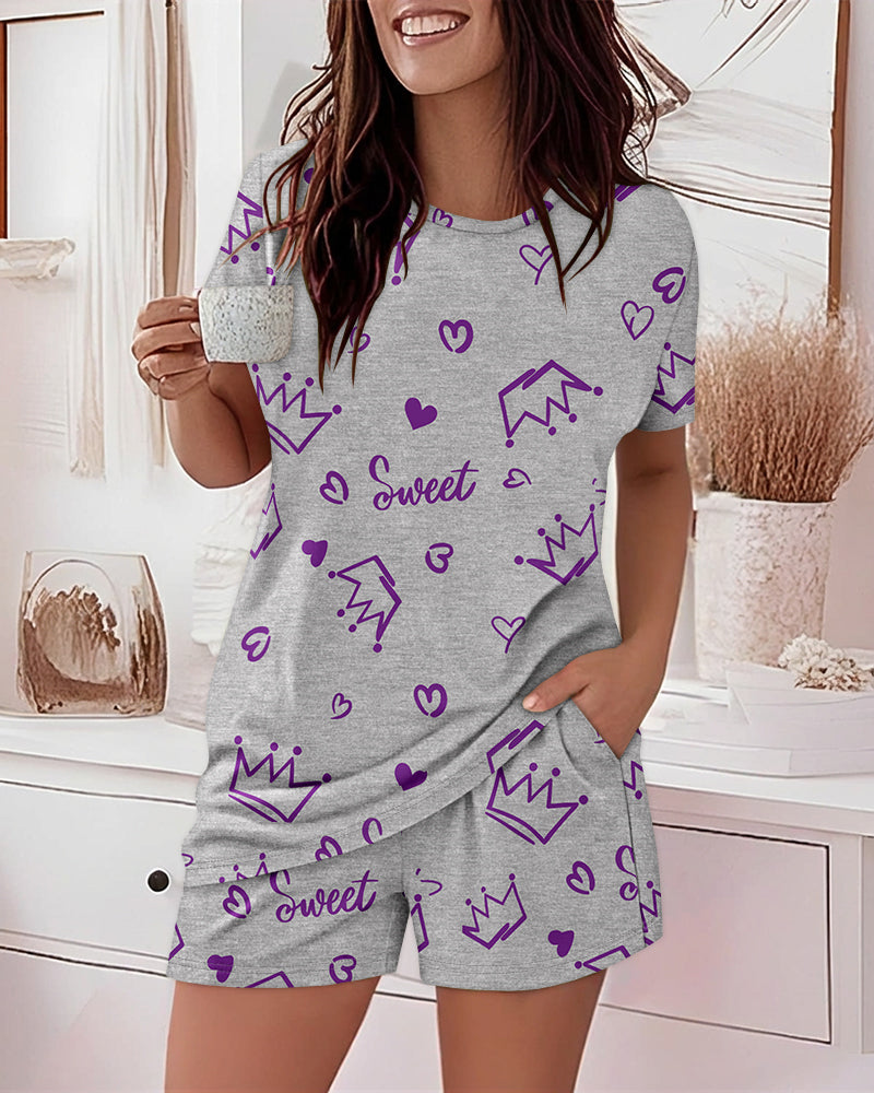 2 Pieces Outfit Sweet Letter Print Short Sleeve Top and Elastic Waist Shorts Set Casual Crown & Heart Print Pajamas Set