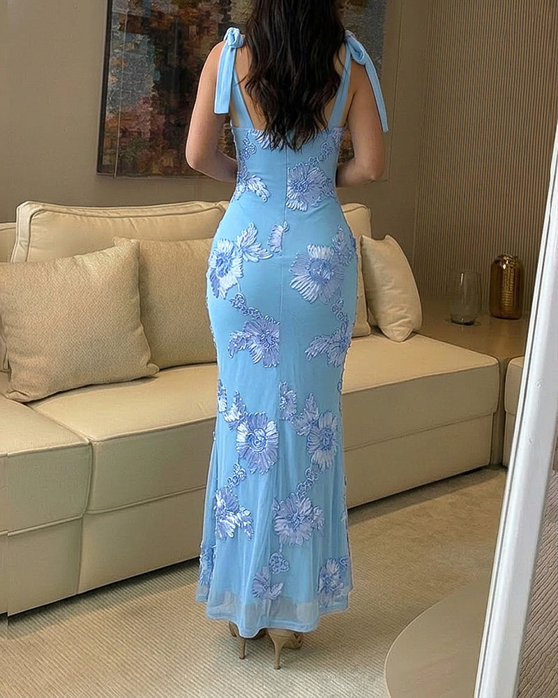 3D Floral Pattern Decor Cowl Neck Spaghetti Strap Mermaid Hem Dress Elegant Zipper Back Maxi Dress