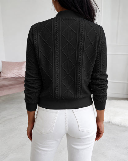 Women's Vintage Cable Knit Bomber Jacket Casual Argyle Zip Up Crop Coat with Pockets