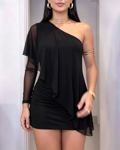 Women's One Shoulder Mesh Sleeve Asymmetrical Ruffle Mini Bodycon Dress