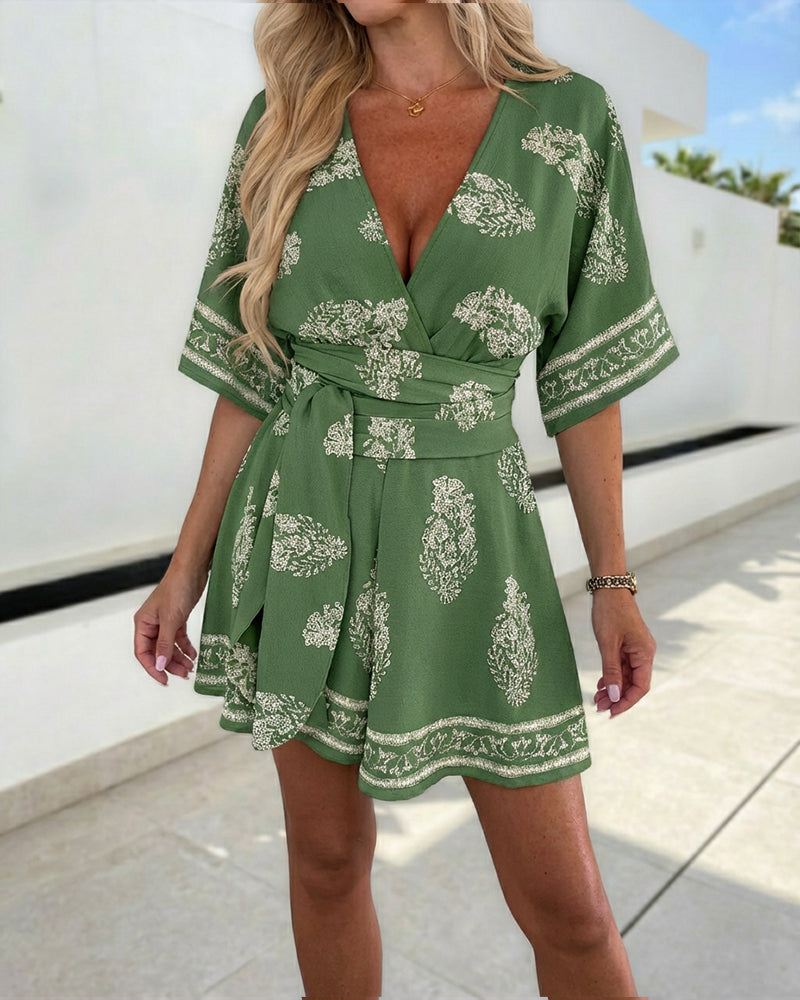 Vintage Plants Print Overlap Deep V-Neck Tie Waist Boho Romper