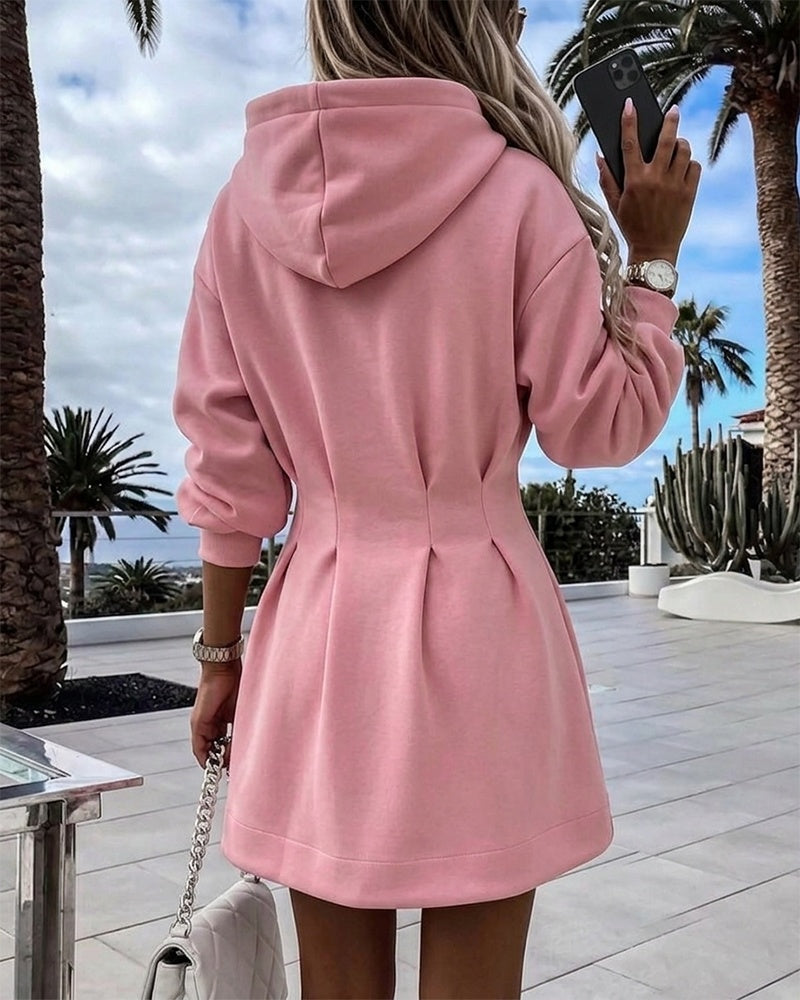 Women's Hooded Sweatshirt Dress Drawstring Waist-Cinching A-Line Casual Long Sleeve Mini Dress with Pockets