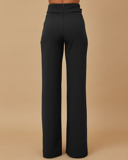 Metal Button Decor High Waist Casual Straight Leg Work Pants
