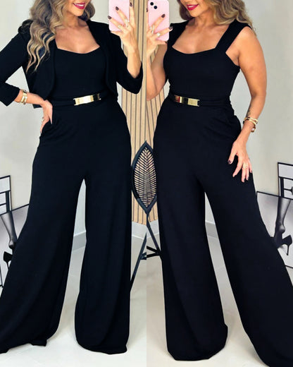 2 Pieces Outfit Metal Decor Square Neck Thick Strap Zipper Back Cinched Waist Wide Leg Jumpsuit And Casual Crop Cardigan Set