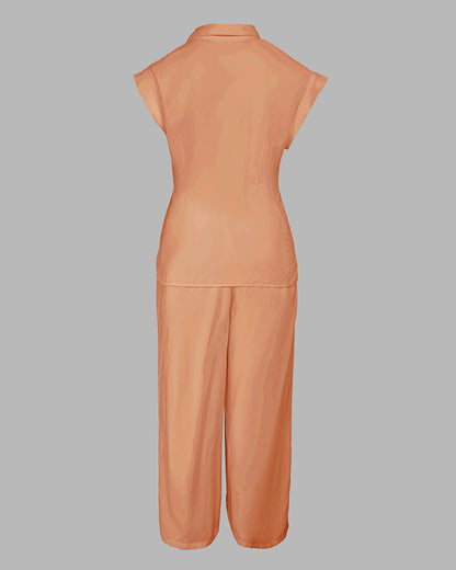 2 Pieces Outfit Turn-down Collar Cap Sleeve Button Front Tied Detail Top and Casual Zipper Fly Elastic Back Waist Wide-Leg Pants Set