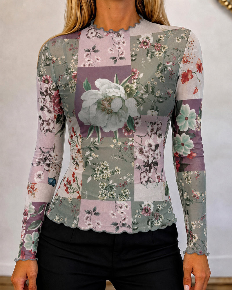 Women's Sheer Mesh Floral Print Mock Neck Frill Trim Long Sleeve Top