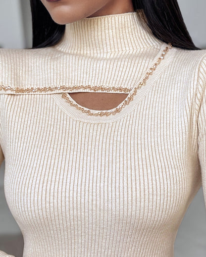 High Neck Long Sleeve Beaded Knit Sweater Hollow-out Fleece Lined Basic Layering Soft Versatile Thermal Top