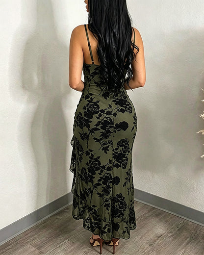 Vestido largo vintage con estampado floral aterciopelado para mujer, vestido sexy de tirantes y cuello drapeado, sin espalda, ceñido y con abertura alta, vestido de noche