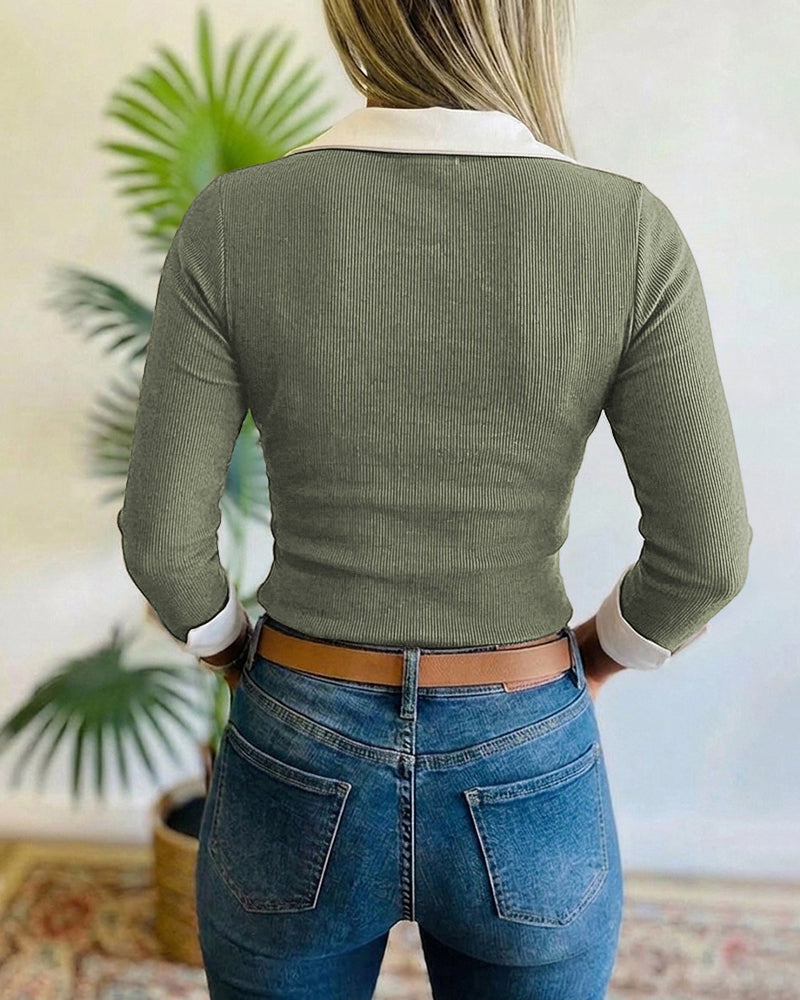 Women's Contrast Lapel Collar Faux Two-Piece Knit Top Long Sleeve Slim Fit Top