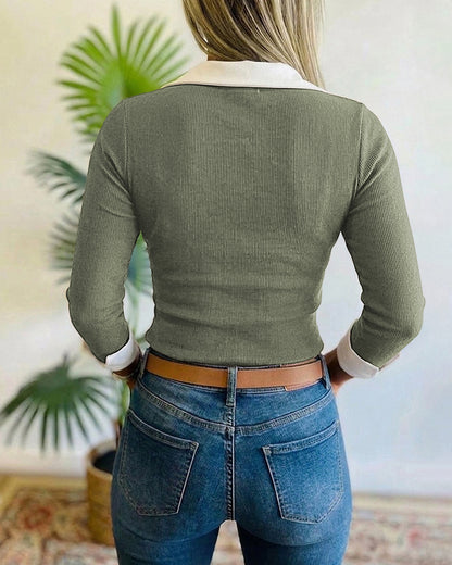 Women's Contrast Lapel Collar Faux Two-Piece Knit Top Long Sleeve Slim Fit Top