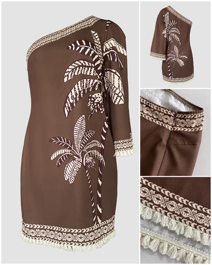 Tropical Print One Shoulder Side Zipper Fringe A Line Dress