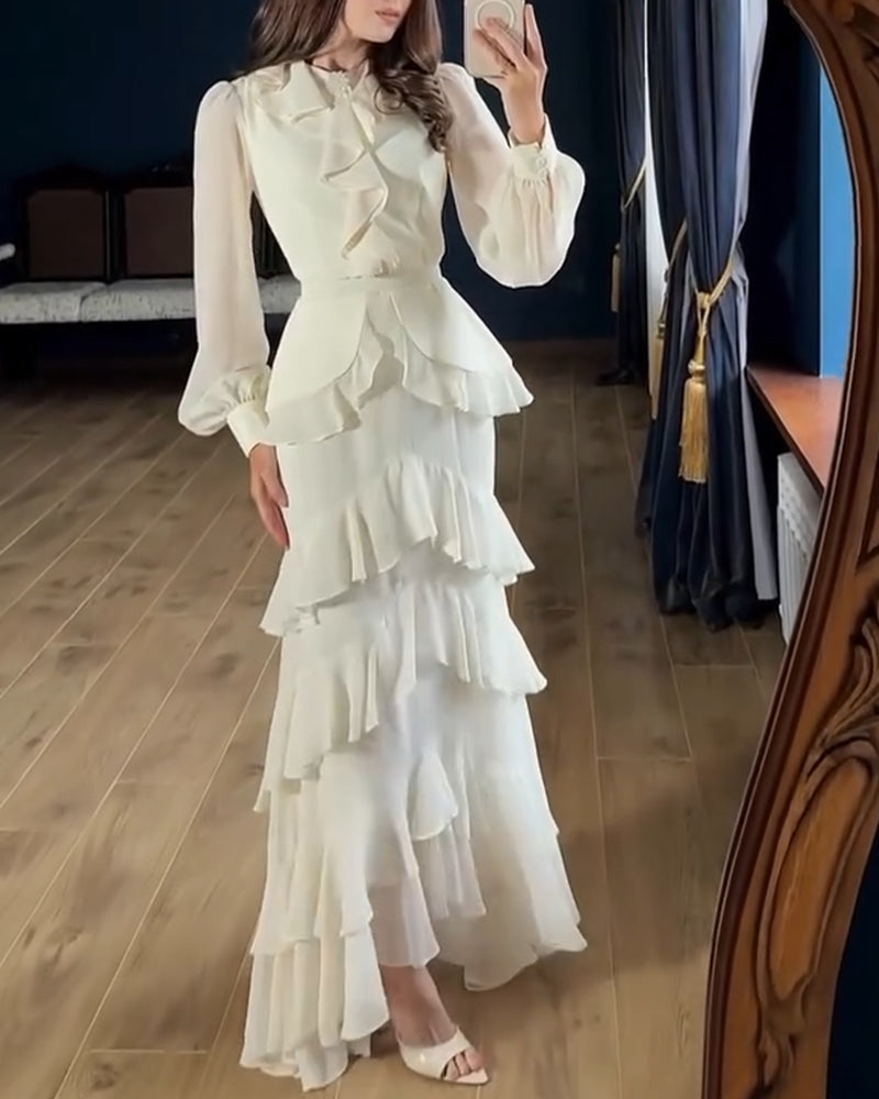 French Style Rhinestone Decor Ruffles Round Neck Lantern Sleeve Asymmetrical Hem Dress Zipper Back Layered Ruffle Hem Chiffon Evening Dress with Belt
