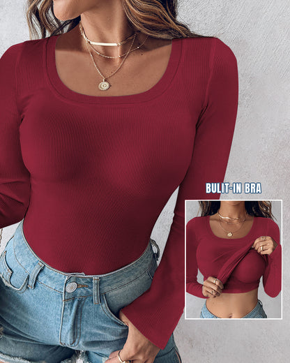 Chicme Built In Bra U Neck Long Sleeve Ribbed Top