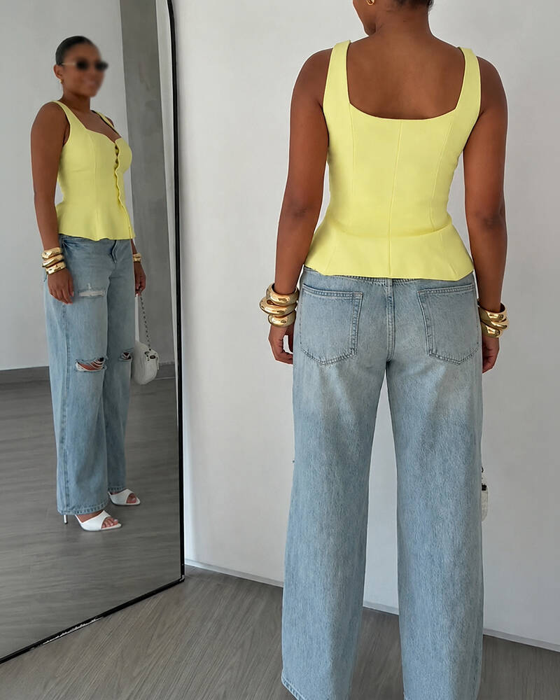 Women's Square Neck Knit Tank Top Gold Button Cinch Waist Peplum Vest
