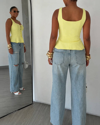 Women's Square Neck Knit Tank Top Gold Button Cinch Waist Peplum Vest