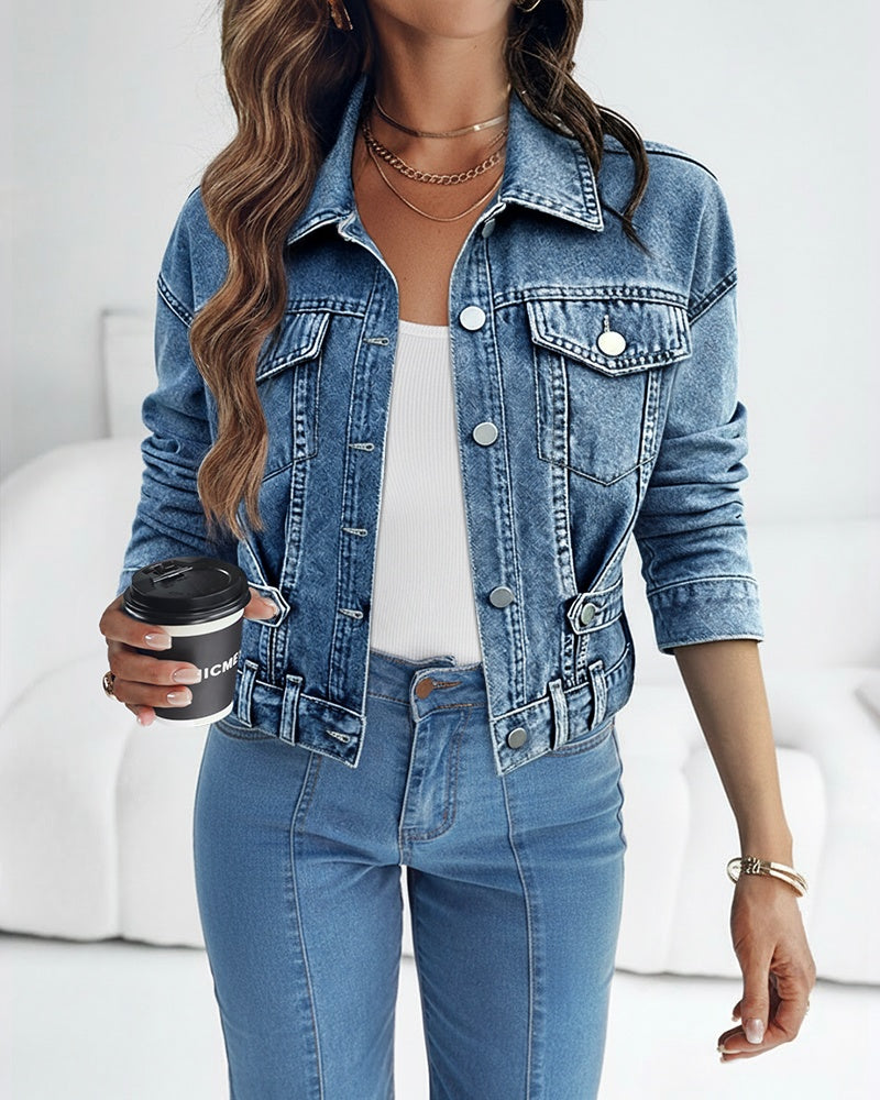 Vintage Turn-down Collar Button Front Seam Design Distressed Crop Coat Casual Flap Pockets Design Cinched Waist Washed Denim Coat