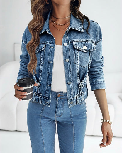 Vintage Turn-down Collar Button Front Seam Design Distressed Crop Coat Casual Flap Pockets Design Cinched Waist Washed Denim Coat