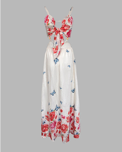 Women's Floral Butterfly Print Maxi Dress Backless Cutout Cami Sundress Ruched Tied Detail Flowy Vacation Dress