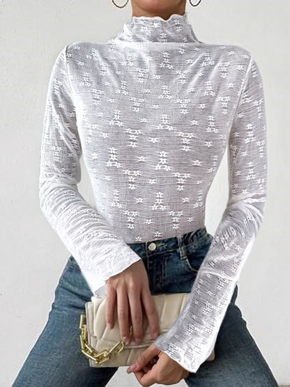 Lace Frill Hem Mock Neck Long Sleeve T-Shirt Sexy Floral Sheer Mesh Hollow Out Top