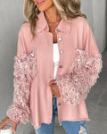Sequin Decor Turn-down Collar Button Front Pockets Design Denim Coat Casual Fuzzy Spliced Raw Trim Shacket