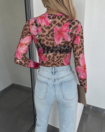 Women's Leopard Floral Rhinestone Sheer Mesh Long Sleeve Top Slim Fit Crewneck Tee with Thumbholes