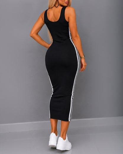 Women's U Neck Sleeveless Tank Dress Contrast Side Striped Midi Bodycon Dress Casual Backless Sundress