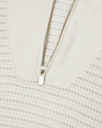 Women's Half Zip Polo Knit Top Short Sleeve Hollow-out Sweater