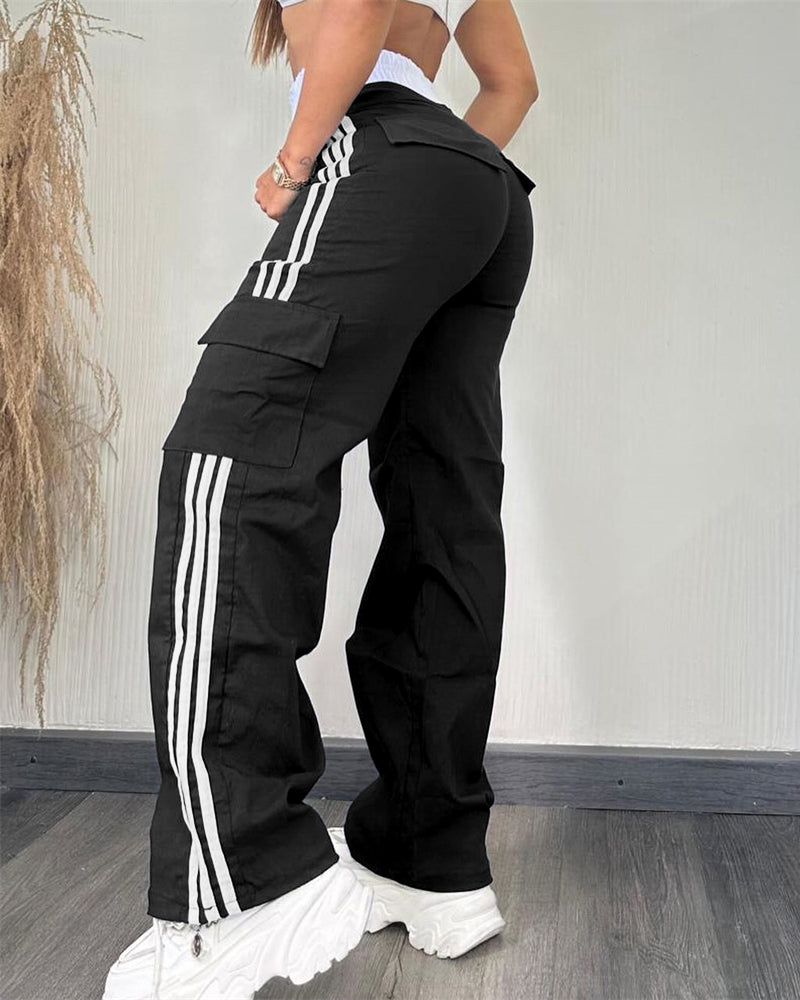 Contrast Side Striped Zipper Fly Stretchy High Waist Pants Flap Pockets Design Double Waistband Cargo Pants