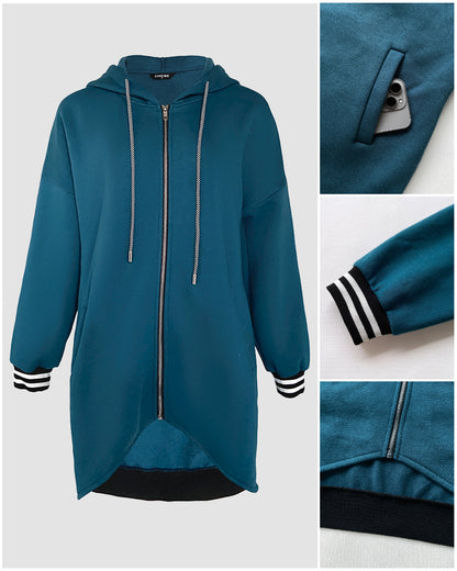 Striped Cuffs Pockets Design Zipper Front Drawstring Hoodie Jacket Casual Drop Shoulder Asymmetrical Hem Mid-length Coat