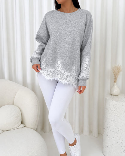 Women's Lace Trim Oversized Sweatshirt Drop Shoulder Long Sleeve Pullover Loose Fit Casual Crewneck Top