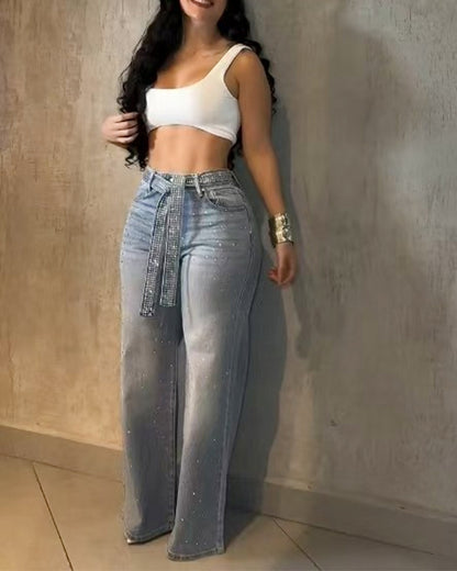 Allover Rhinestone Decor High Waist Zipper Fly Jeans Casual Wide Leg Loose Fit Denim Pants with Rhinestone Decor Belt