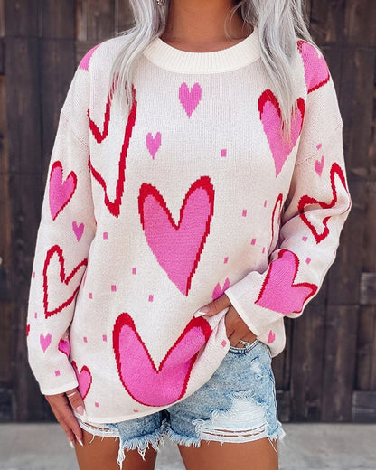 Women's Heart Pattern Loose Sweater Crewneck Long Sleeve Pullover Top