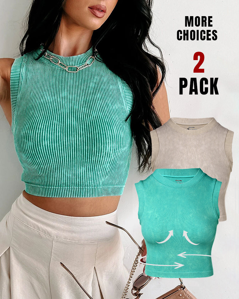 2-Pack Women's Washed Knit Tank Top Ribbed Sleeveless O-neck Cropped Tee Retro Casual Layering Top