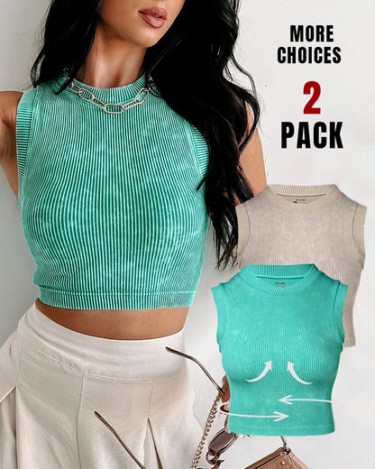 2-Pack Women's Washed Knit Tank Top Ribbed Sleeveless O-neck Cropped Tee Retro Casual Layering Top