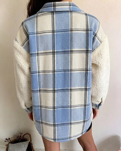 Women's Plaid Patchwork Fleece Shacket Casual Long Sleeve Button Down Faux Shearling Jacket