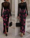 Women's Floral Print High Waisted Maxi Skirt Ruched Front Knot Bodycon Slit Skirt