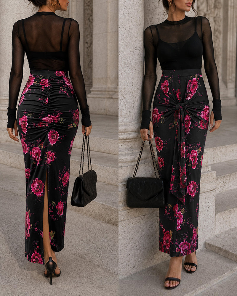 Women's Floral Print High Waisted Maxi Skirt Ruched Front Knot Bodycon Slit Skirt