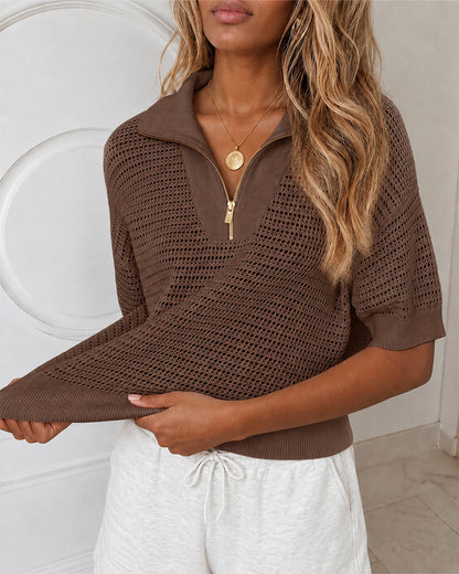 Women's Half Zip Polo Knit Top Short Sleeve Hollow-out Sweater