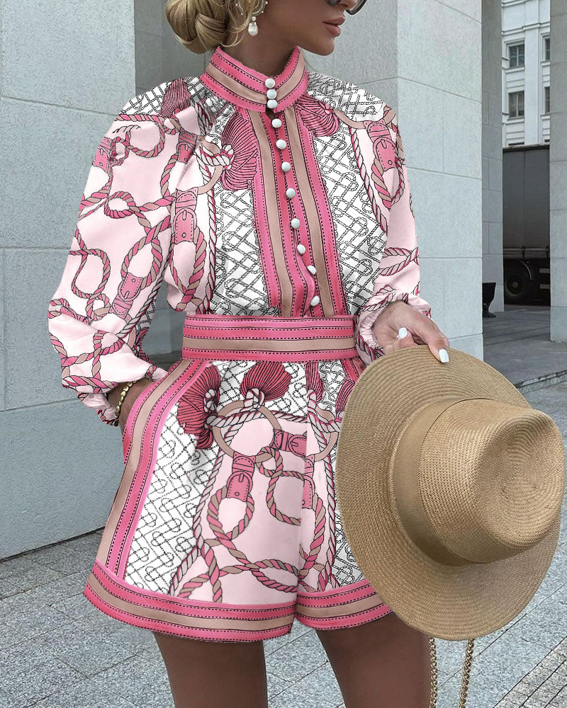 Chain Print Stand Collar Lantern Sleeve Button Front Top and Casual Elastic Waist Shorts Set