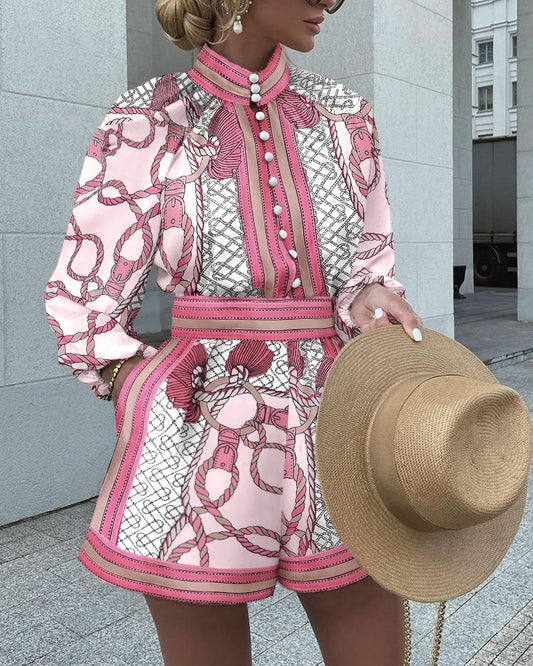 Chain Print Stand Collar Lantern Sleeve Button Front Top and Casual Elastic Waist Shorts Set