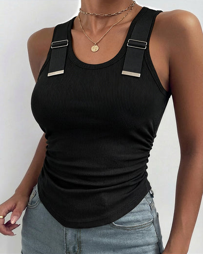Women's Ribbed Knit Tank Top Adjustable Buckle Strap Side Ruched Knit Top Curved Hem Slim Fit Vest