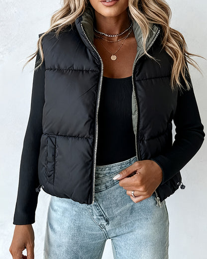 Stand Collar Sleeveless Zip Up Drawstring Hem Vest Casual Two-Way Reversible Ladies Warm Winter Padded Coat