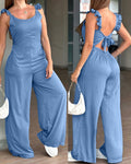 U-Neck Ruffles Strap Backless Tie Back Overalls Casual Elastic Back Waist Wide Leg Jumpsuit