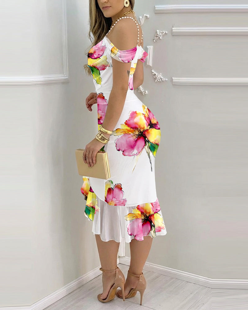 CHICME Women's Watercolor Floral Print Mesh Ruffle Hem Dress Stretchy Pearl Strap Cowl Neck Slit Bodycon Dress