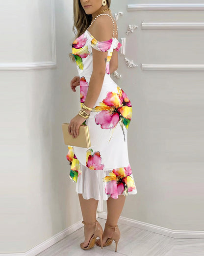 CHICME Women's Watercolor Floral Print Mesh Ruffle Hem Dress Stretchy Pearl Strap Cowl Neck Slit Bodycon Dress