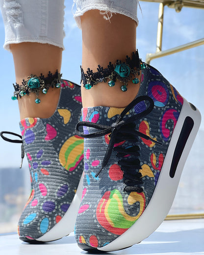 Abstract Print Side Lace-up Casual Wedge Sneakers