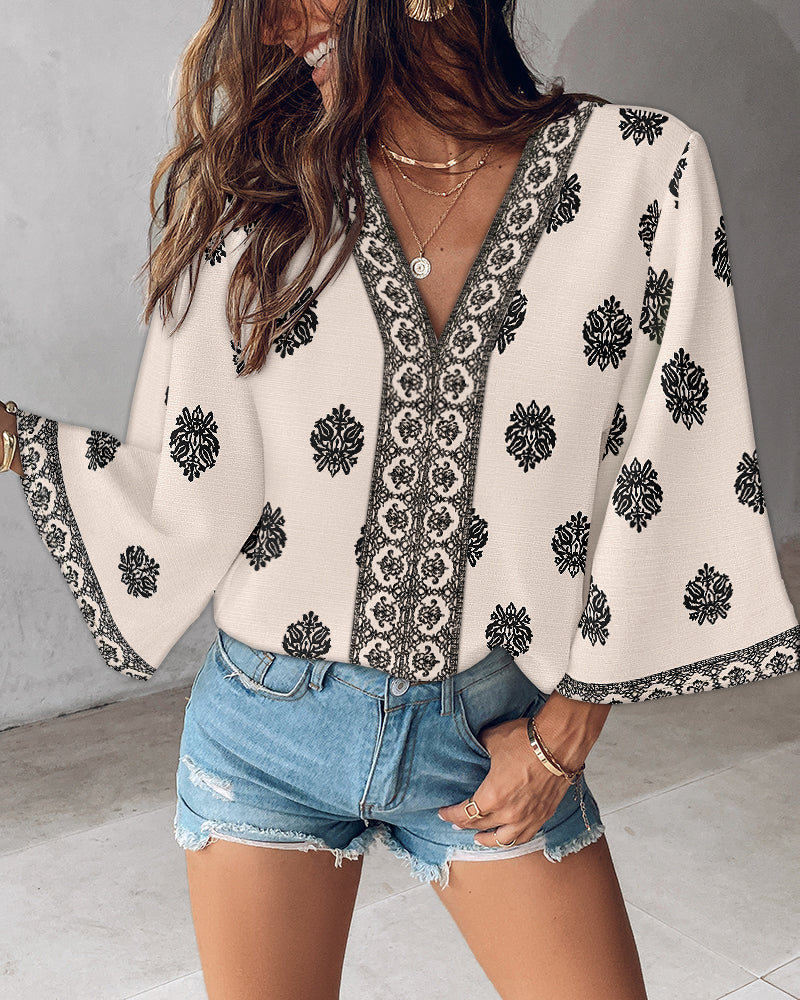 Floral Print V Neck Long Sleeve Blouse Casual Loose Fit Top