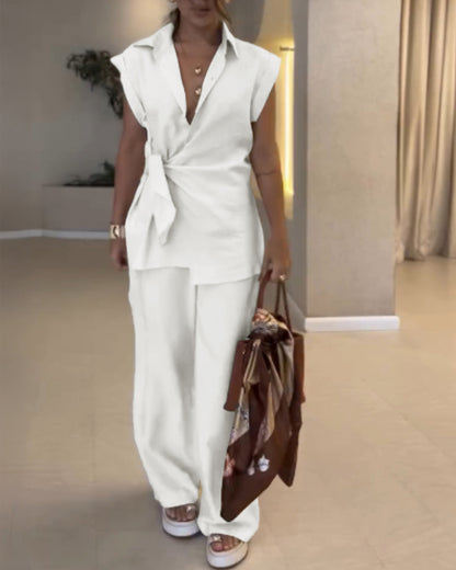 2 Pieces Outfit Turn-down Collar Cap Sleeve Button Front Tied Detail Top and Casual Zipper Fly Elastic Back Waist Wide-Leg Pants Set