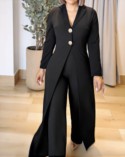 Notched Collar Long Sleeve Button Front Jumpsuit Casual Cinched Waist Wide Leg Faux Two Piece Jumpsuit